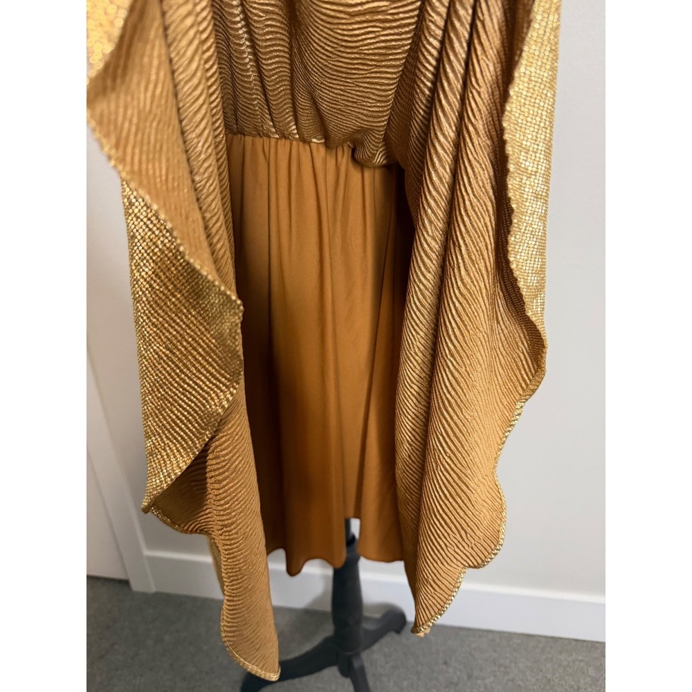 Halston Heritage Gold Metallic Pleated Halter Mini Dress Large Disco Cocktail - Picture 8 of 9
